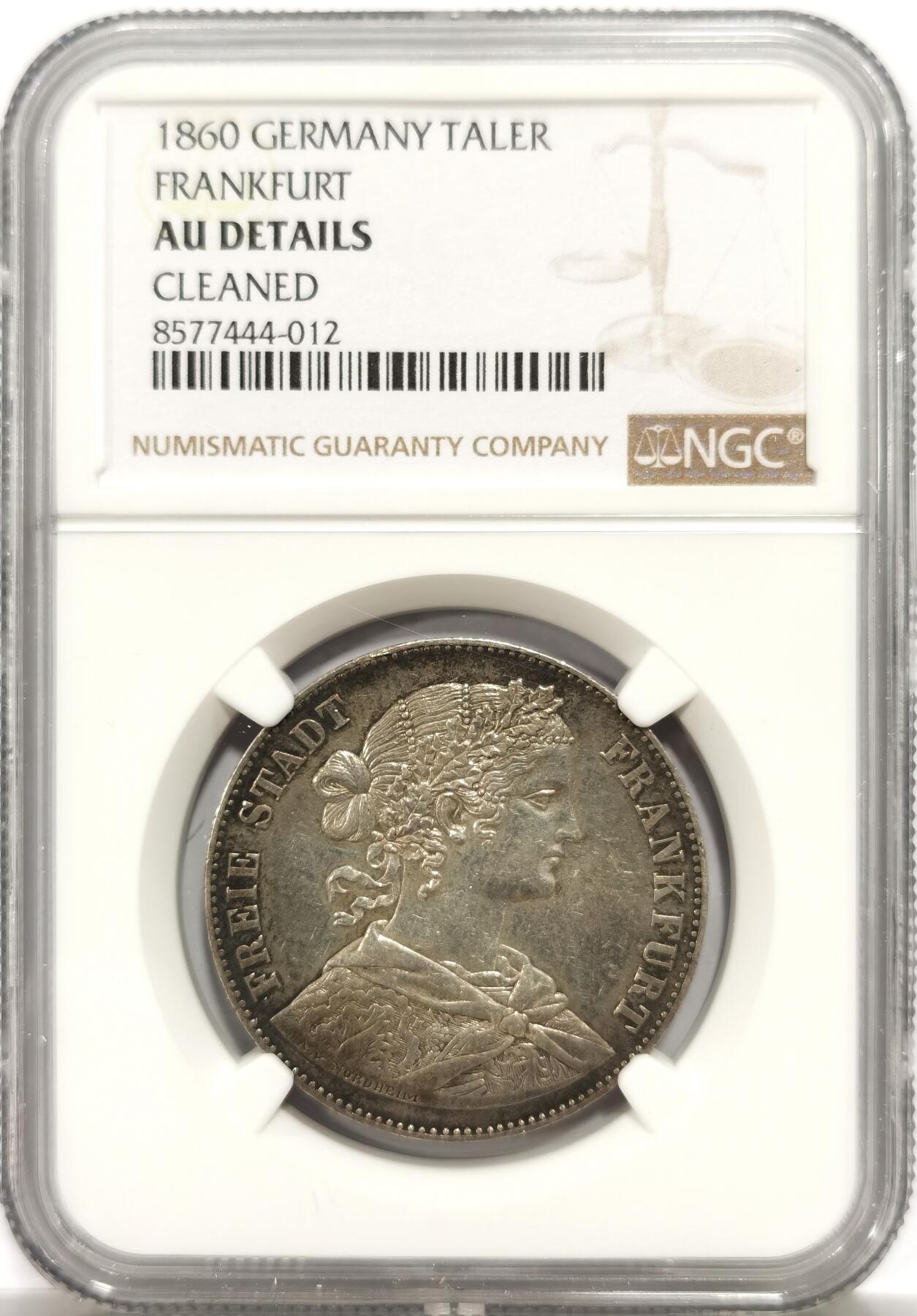 博洋堂世界钱币拍卖第147期（全场包邮） NGC AU 德国法兰克福1860年少女1泰勒银币