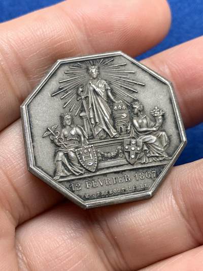 《竞宝斋》第440场 周日，周一，周二 3场连拍 （全场包邮） - 法国北方保险联盟八角银质代币，16.75g，31.5mm，丰饶角1argent边铭，边有轻磕