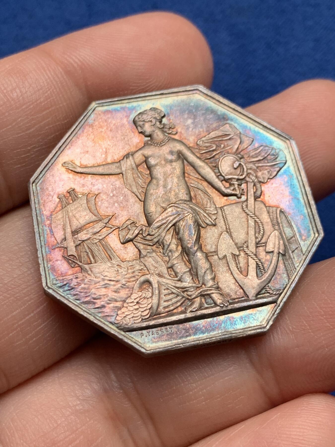 《竞宝斋》第440场 周日，周一，周二 3场连拍 （全场包邮） 法国八角银章，先见之明保险公司，19.12g，36.3mm，蜜蜂边铭