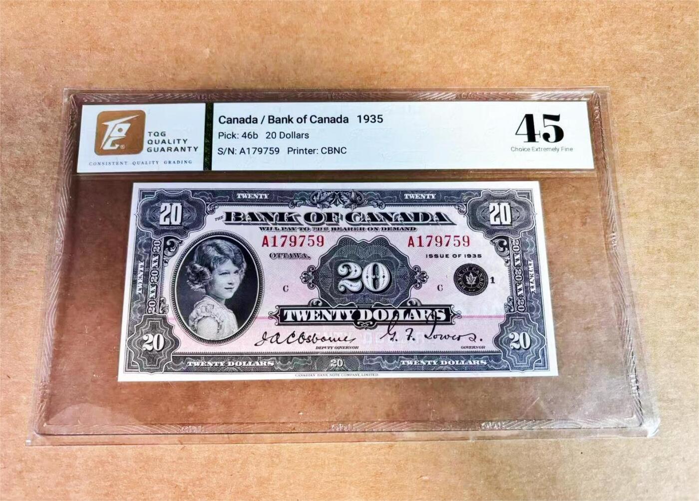 【Blue Auction】世界纸币精拍第752期——18级TOP拍卖/信誉/品质/专业/高效💫   【女王首次肖像出现在纸币上】加拿大1935年20元 伊丽莎白二世8岁公主照 甜美纯真 根据皇家儿童官方摄影师马库斯亚当斯拍摄照片雕刻而成 票面整体白净 TQG45