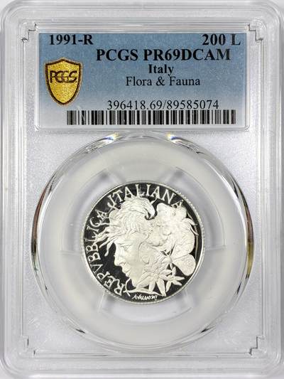【雨安】【世界币章116期-评级币专场】2025-11-22 周六 19:30 保真【直播拍卖】 - [评级现代] Italy 意大利 200里拉 1991年 动物和植物 PCGS-PR69DCAM