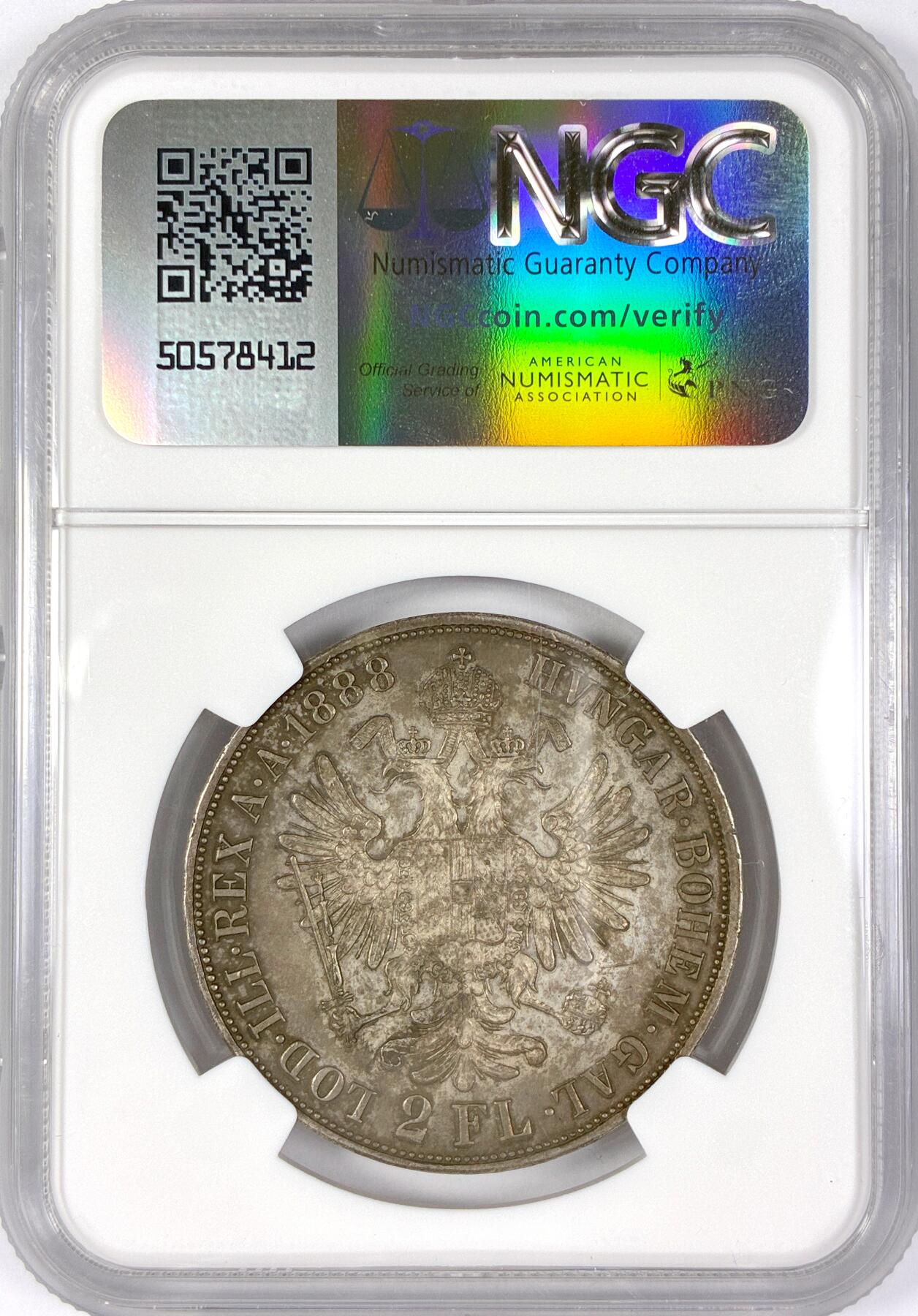 【雨安】【世界币章116期-评级币专场】2025-11-22 周六 19:30 保真【直播拍卖】 [评级欧洲] Austria 奥地利 2弗洛林 KM#2233 (1872-1892)  弗朗茨·约瑟夫一世 1888年  NGC-MS61 原味均匀老包浆