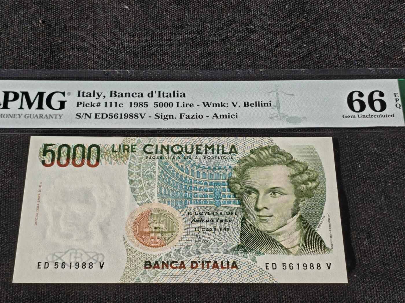 刘世昌艺术品销售中心～虎踞龙蟠*金杨在线联拍群第510期 意大利1985年5000里拉（PMG 66E 号码：ED561988V）1枚。