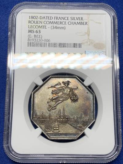 《竞宝斋》第440场 周日，周一，周二 3场连拍 （全场包邮） - NGC MS63 法国鲁昂商会八角银质代币