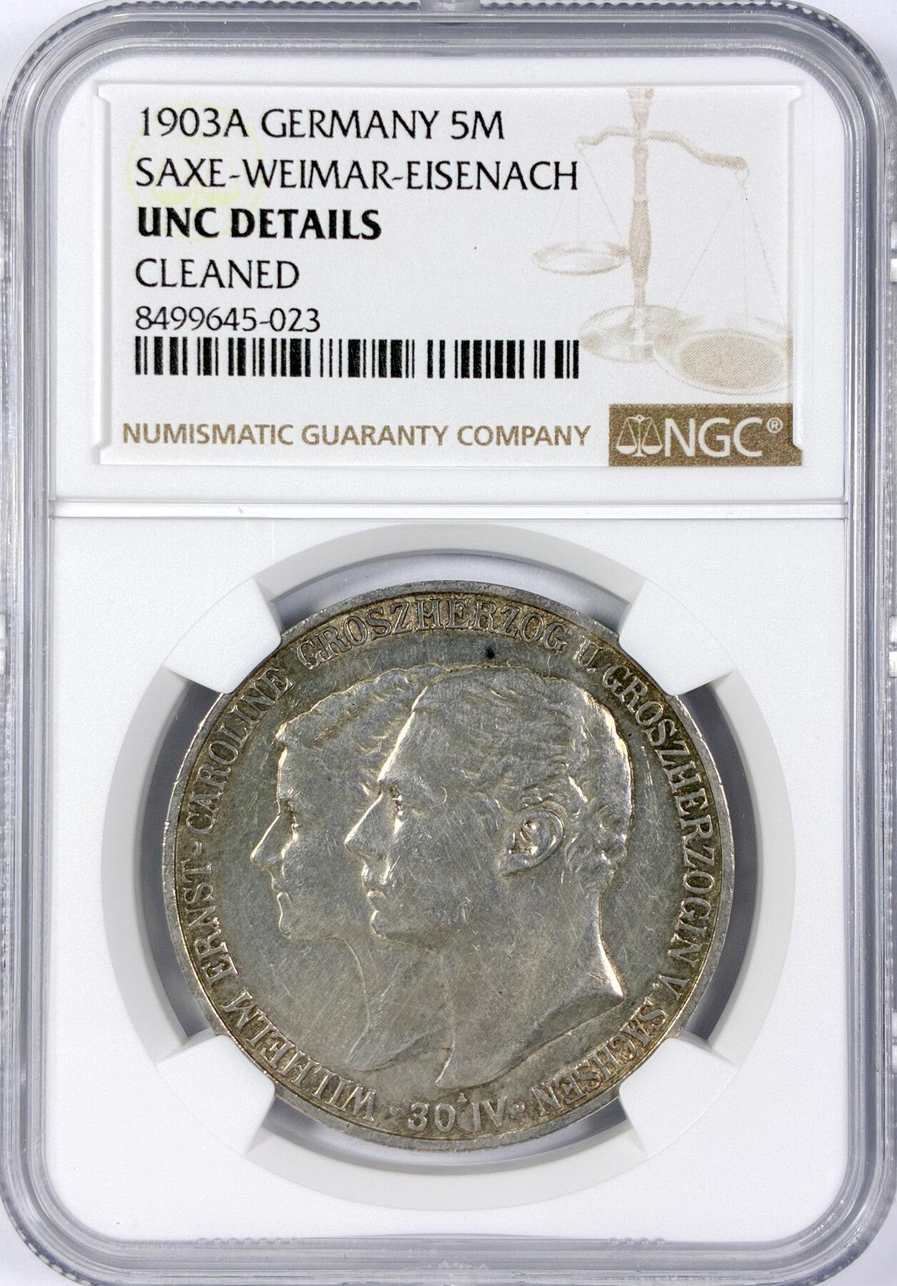 【雨安】【世界币章116期-评级币专场】2025-11-22 周六 19:30 保真【直播拍卖】 [评级德国] Germany 德国 帝国 J.159 萨克森-魏玛-艾森纳赫 5马克 (1903) 威廉·恩斯特大公结婚纪念 1903年  NGC-UNC