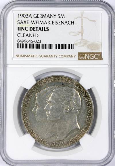 【雨安】【世界币章116期-评级币专场】2025-11-22 周六 19:30 保真【直播拍卖】 - [评级德国] Germany 德国 帝国 J.159 萨克森-魏玛-艾森纳赫 5马克 (1903) 威廉·恩斯特大公结婚纪念 1903年  NGC-UNC