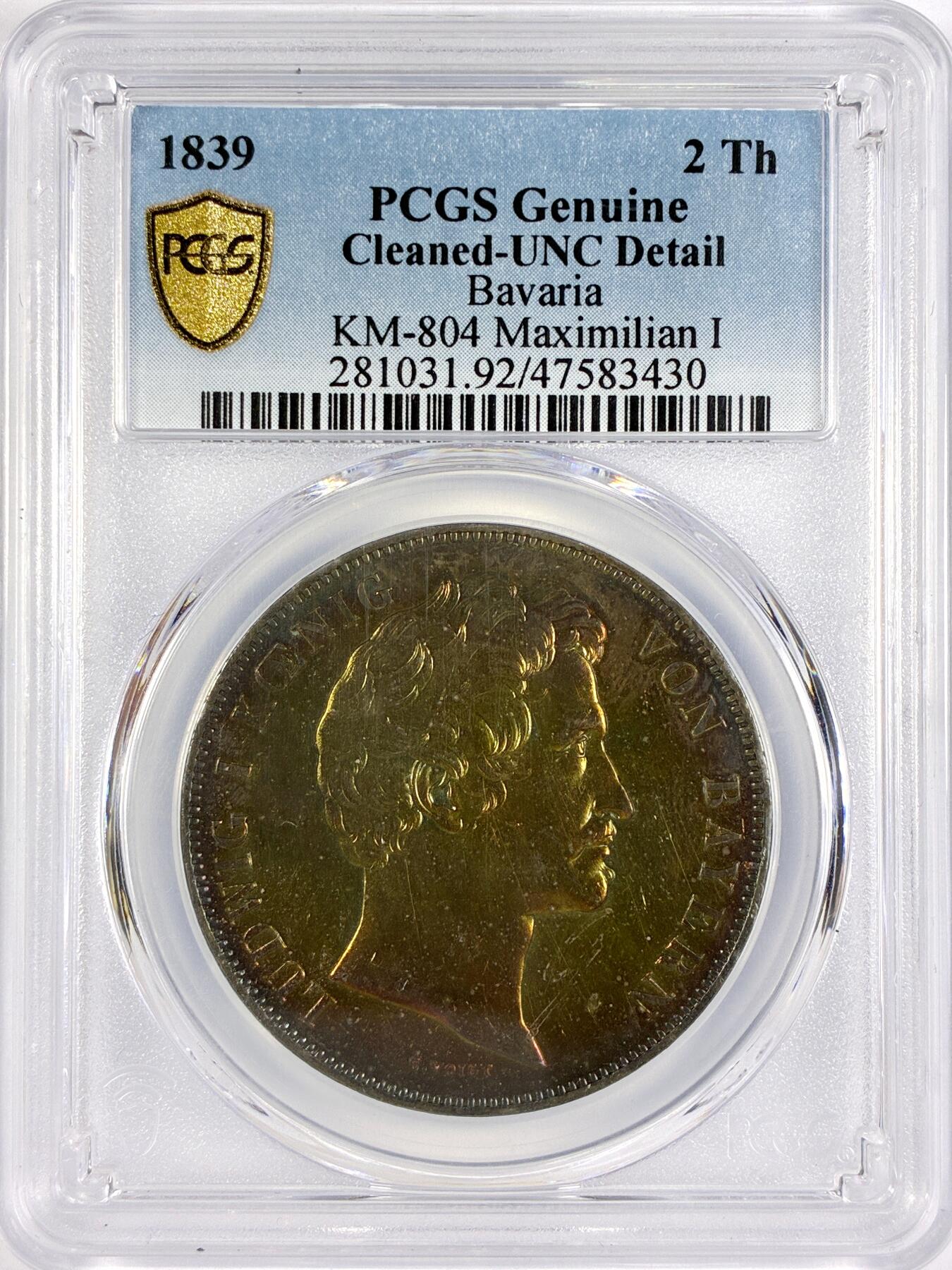 【雨安】【世界币章116期-评级币专场】2025-11-22 周六 19:30 保真【直播拍卖】 [评级德国] Germany 德国 德意志 2泰勒 Bavaria巴伐利亚 历史泰勒 Thun.077 KM#0795 1839年 选帝侯  NGC-UNC