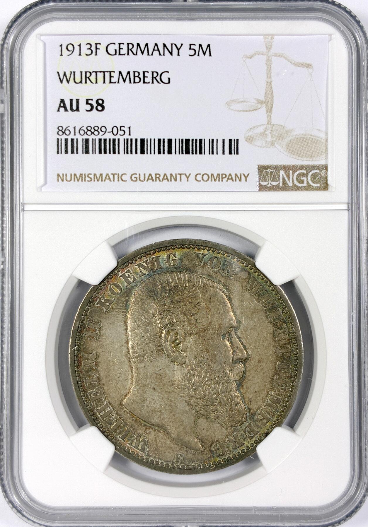 【雨安】【世界币章116期-评级币专场】2025-11-22 周六 19:30 保真【直播拍卖】 [评级德国] Germany 德国 帝国 符腾堡 5马克 威廉二世 1913年  NGC-AU58