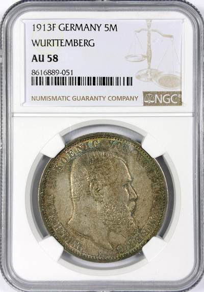 【雨安】【世界币章116期-评级币专场】2025-11-22 周六 19:30 保真【直播拍卖】 - [评级德国] Germany 德国 帝国 符腾堡 5马克 威廉二世 1913年  NGC-AU58