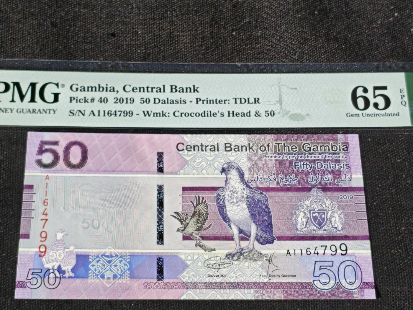 刘世昌艺术品销售中心～虎踞龙蟠*金杨在线联拍群第510期 冈比亚2019年50达拉西（PMG 65E 号码：A1164799）1枚。