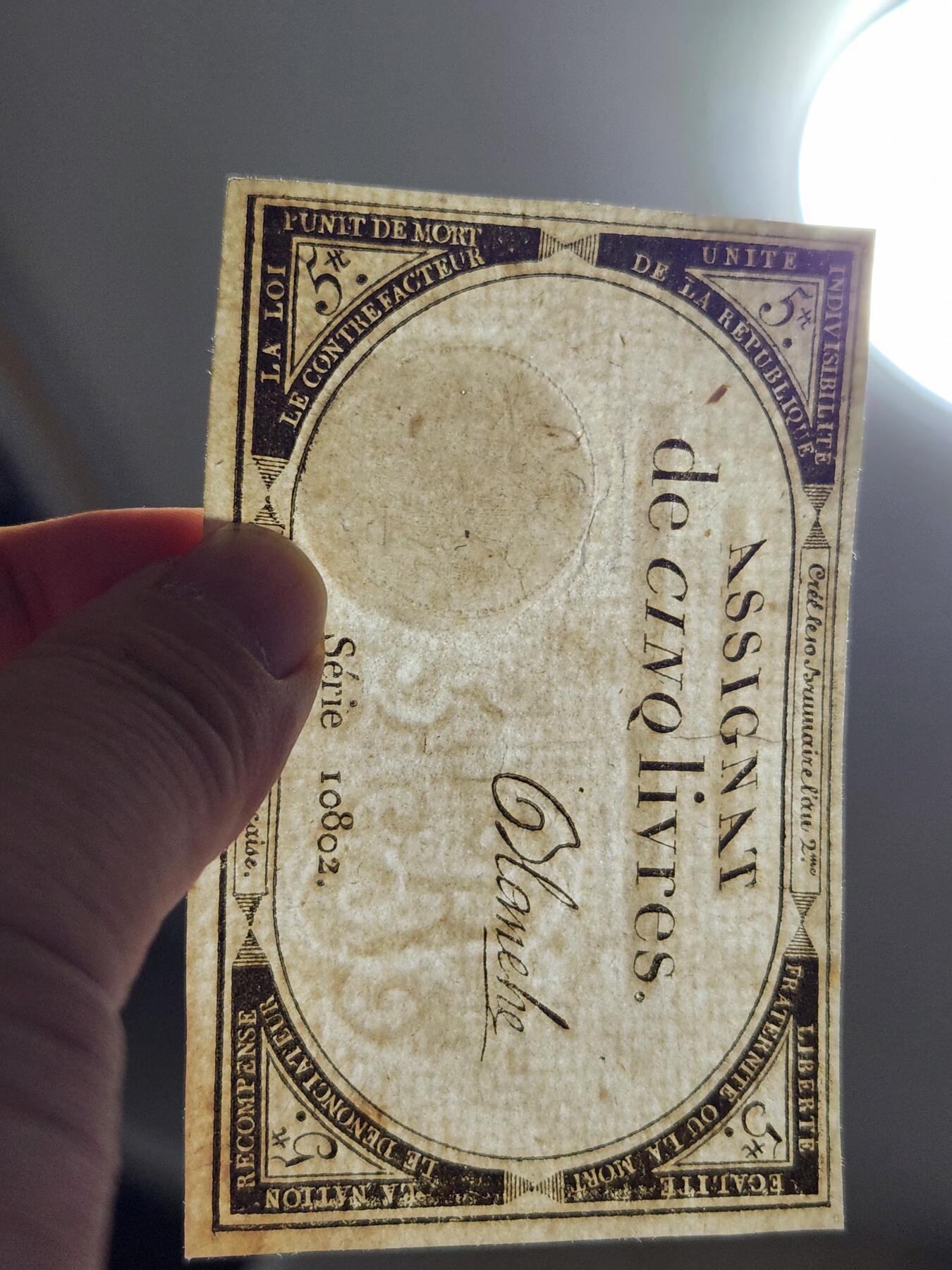 11月19号晚上8点 外国纸币自动截拍第61场 法国大革命时期 1793年 指券 (Assignat) 5里弗 纸币