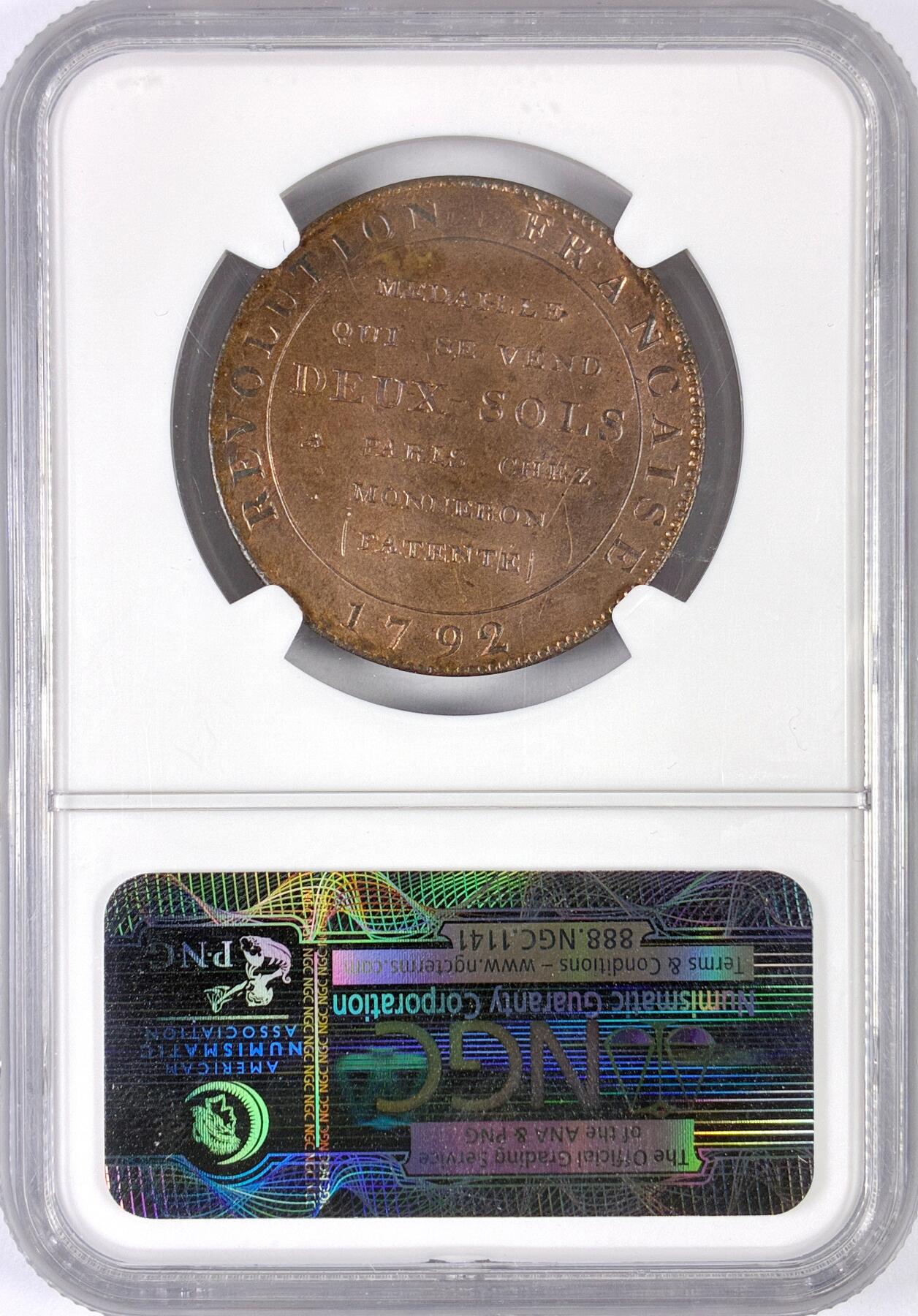 【雨安】【世界币章116期-评级币专场】2025-11-22 周六 19:30 保真【直播拍卖】 [评级法国] France 法国 Token 2索尔 KM# Tn23 Maz-157 1792年