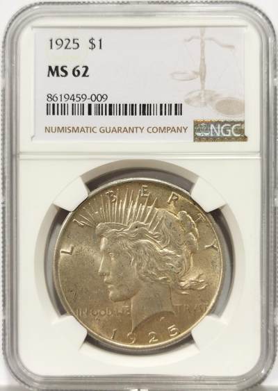 博洋堂世界钱币拍卖第147期（全场包邮） - NGC MS62 美国1925年和平银币，淡黄油转光，略少见的年份。