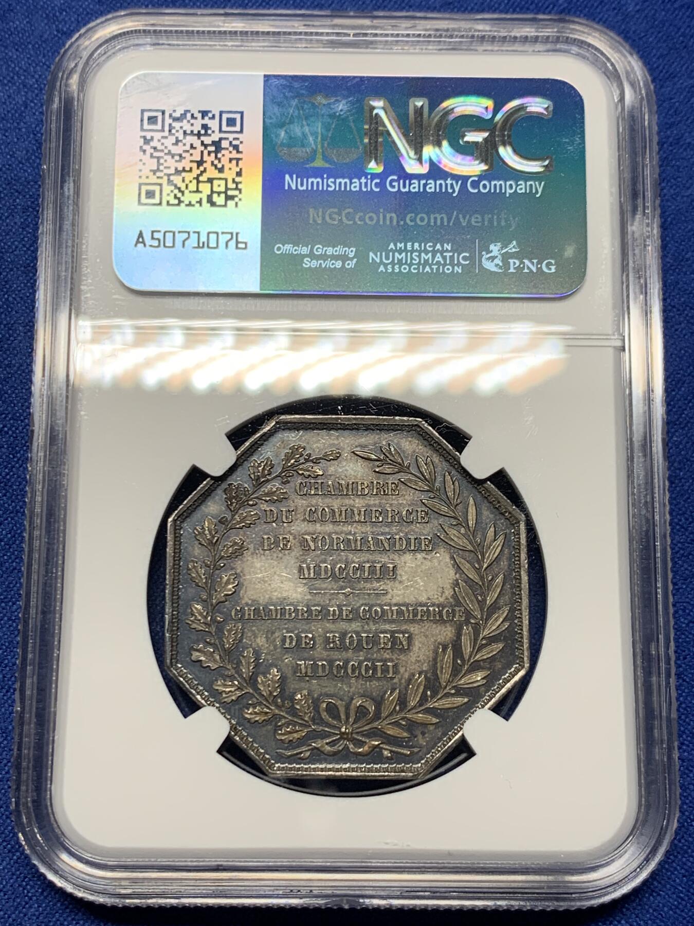 《竞宝斋》第440场 周日，周一，周二 3场连拍 （全场包邮） NGC MS63 法国鲁昂商会八角银质代币