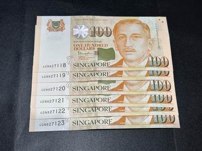 《外钞收藏家》第五百八十六期（品种丰富、精品多）（本平台长期征集拍品、欢迎藏友们联系合作） - 新加坡人像纸币版100元 6连号（118-123） 全新UNC
