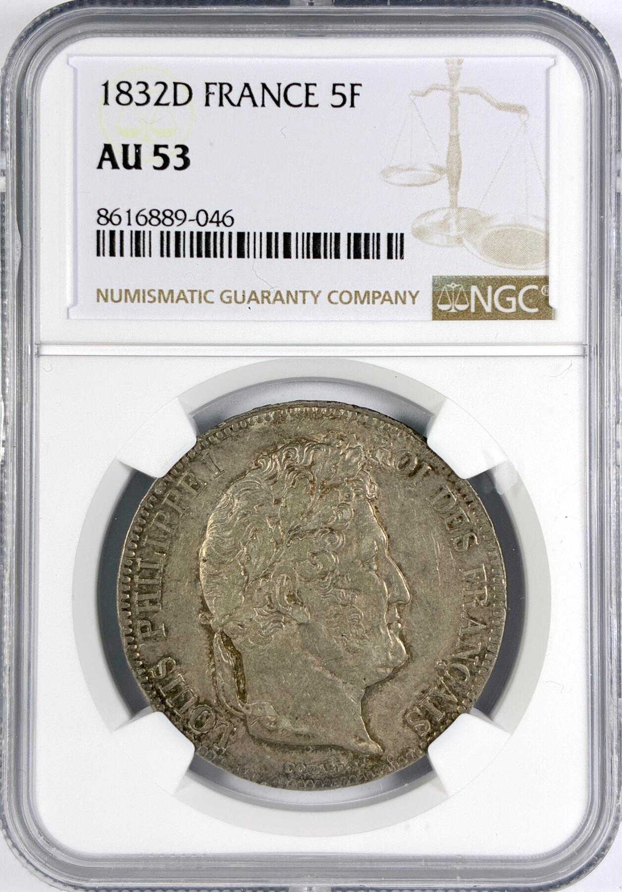 【雨安】【世界币章116期-评级币专场】2025-11-22 周六 19:30 保真【直播拍卖】 [评级法国] France 法国 5法郎 KM#0744 菲利普 1832年D  NGC-AU53