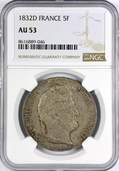 【雨安】【世界币章116期-评级币专场】2025-11-22 周六 19:30 保真【直播拍卖】 - [评级法国] France 法国 5法郎 KM#0744 菲利普 1832年D  NGC-AU53