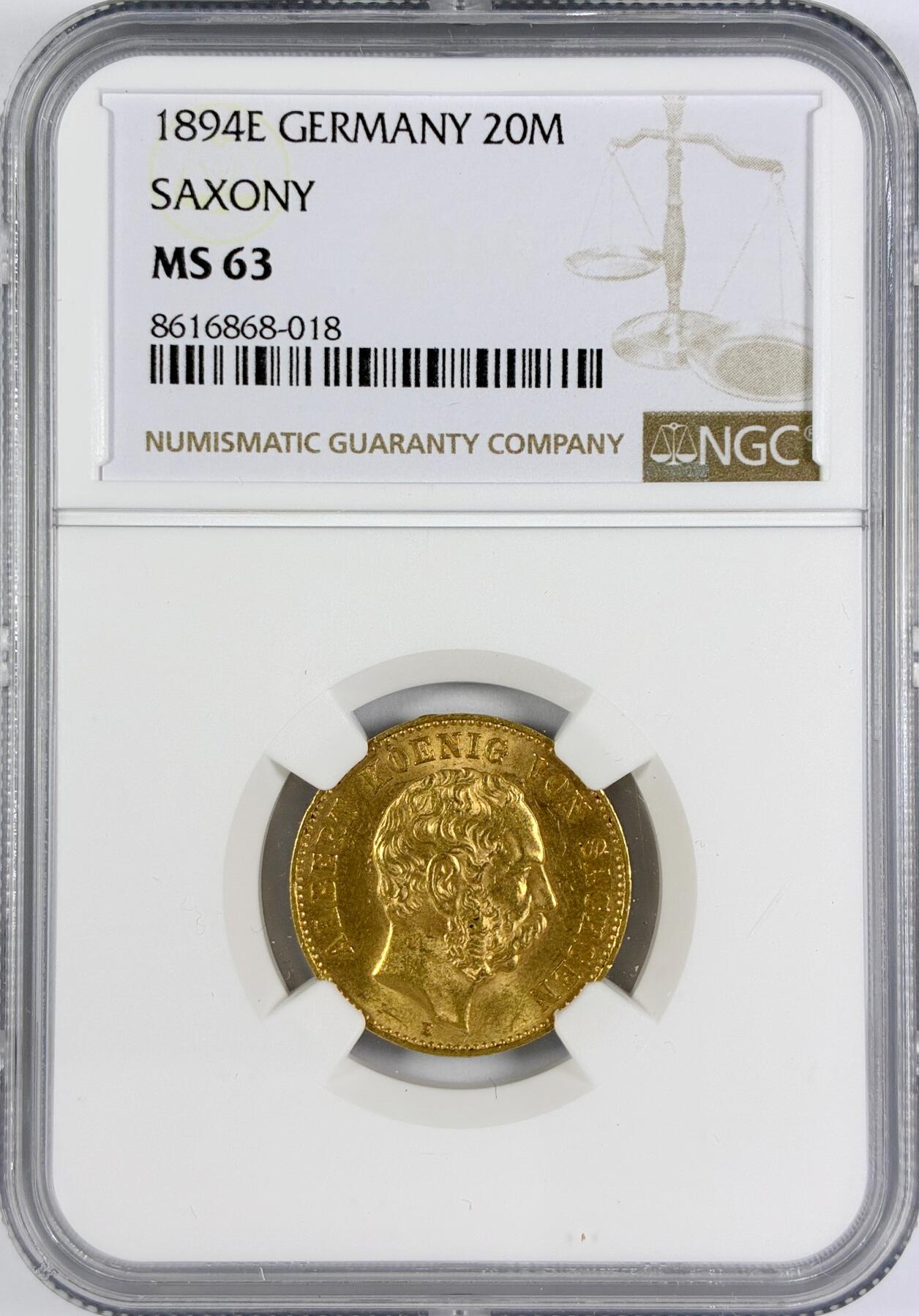 【雨安】【世界币章116期-评级币专场】2025-11-22 周六 19:30 保真【直播拍卖】 [金币] Germany 德国 帝国 J.264 Saxony萨克森 20马克 1894年 阿尔伯特  NGC-MS63