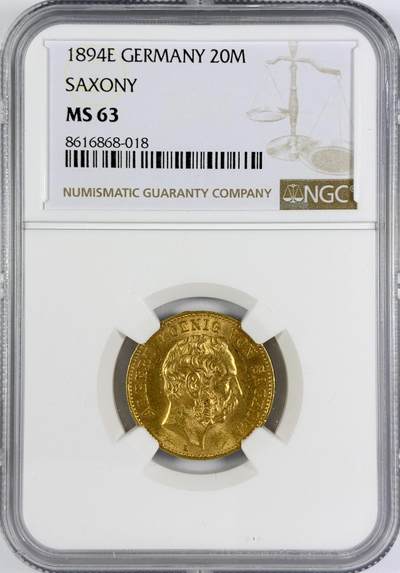 【雨安】【世界币章116期-评级币专场】2025-11-22 周六 19:30 保真【直播拍卖】 - [金币] Germany 德国 帝国 J.264 Saxony萨克森 20马克 1894年 阿尔伯特  NGC-MS63