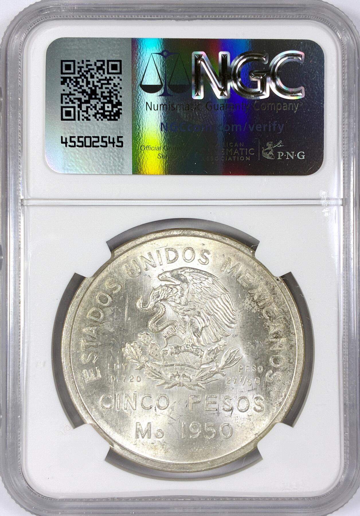 【雨安】【世界币章116期-评级币专场】2025-11-22 周六 19:30 保真【直播拍卖】 [评级美洲] Mexico 墨西哥 5比索 1950年 南部铁路  NGC-MS64