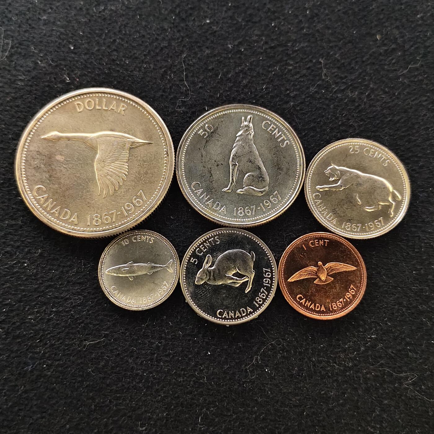 【全场包邮】纯粹捡漏拍479场（免费代拍第16场） 加拿大1967年联邦百年4银1镍1铜纪念套币6枚全套