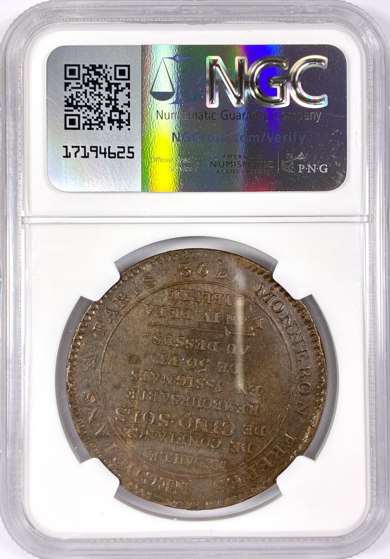 【雨安】【世界币章116期-评级币专场】2025-11-22 周六 19:30 保真【直播拍卖】 [评级法国] France 法国 Token 5索尔 KM# Tn31 1792年 大革命莫奈龙  NGC-AU58