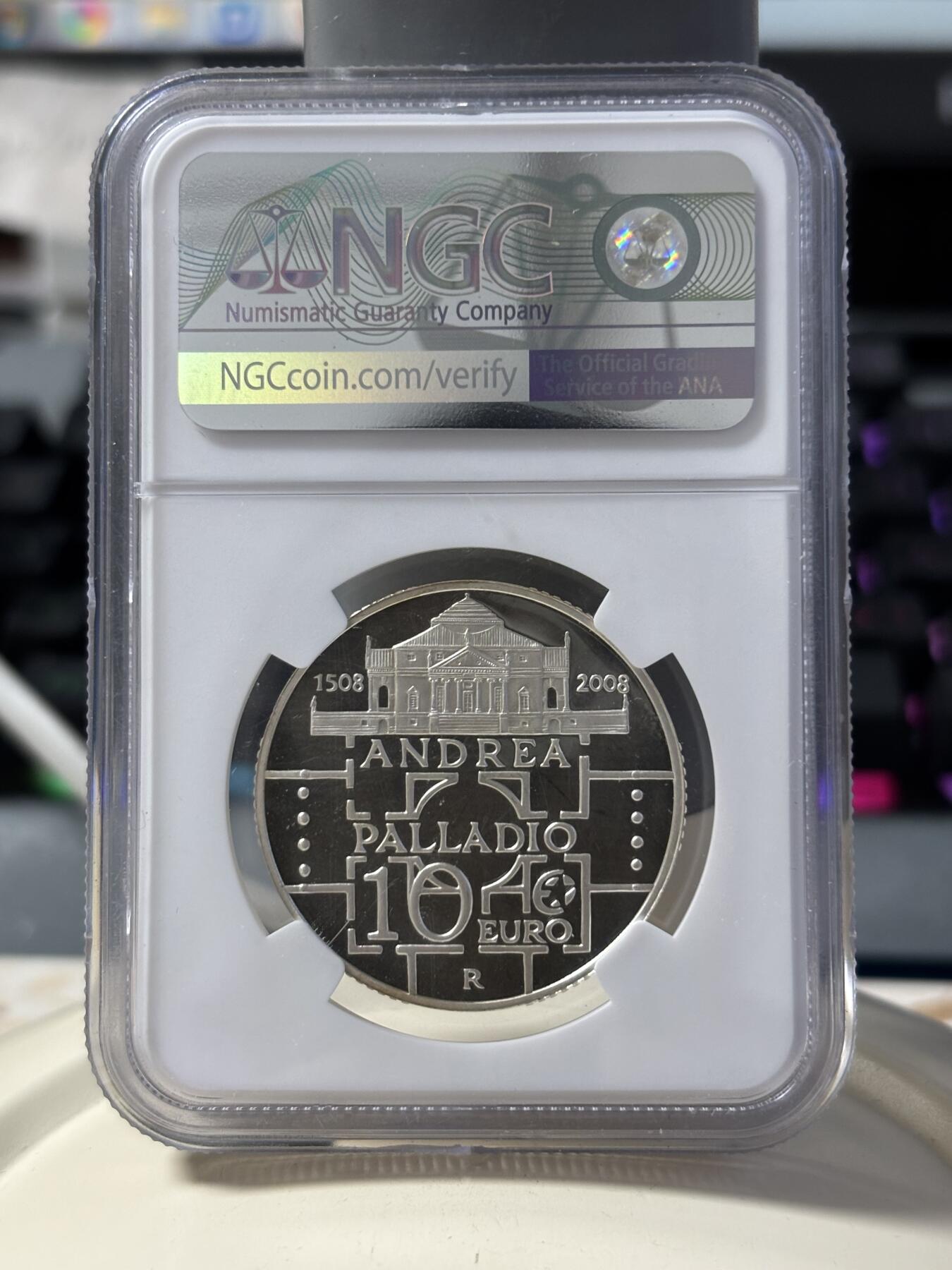 第182期拍卖 2008年意大利10欧元精制银币 欧洲之星系列-安德烈亚·帕拉第奥（意大利建筑师）诞辰500周年 NGC PF67UC（更高评分: 5枚），925银，22克，发行1万6千枚
