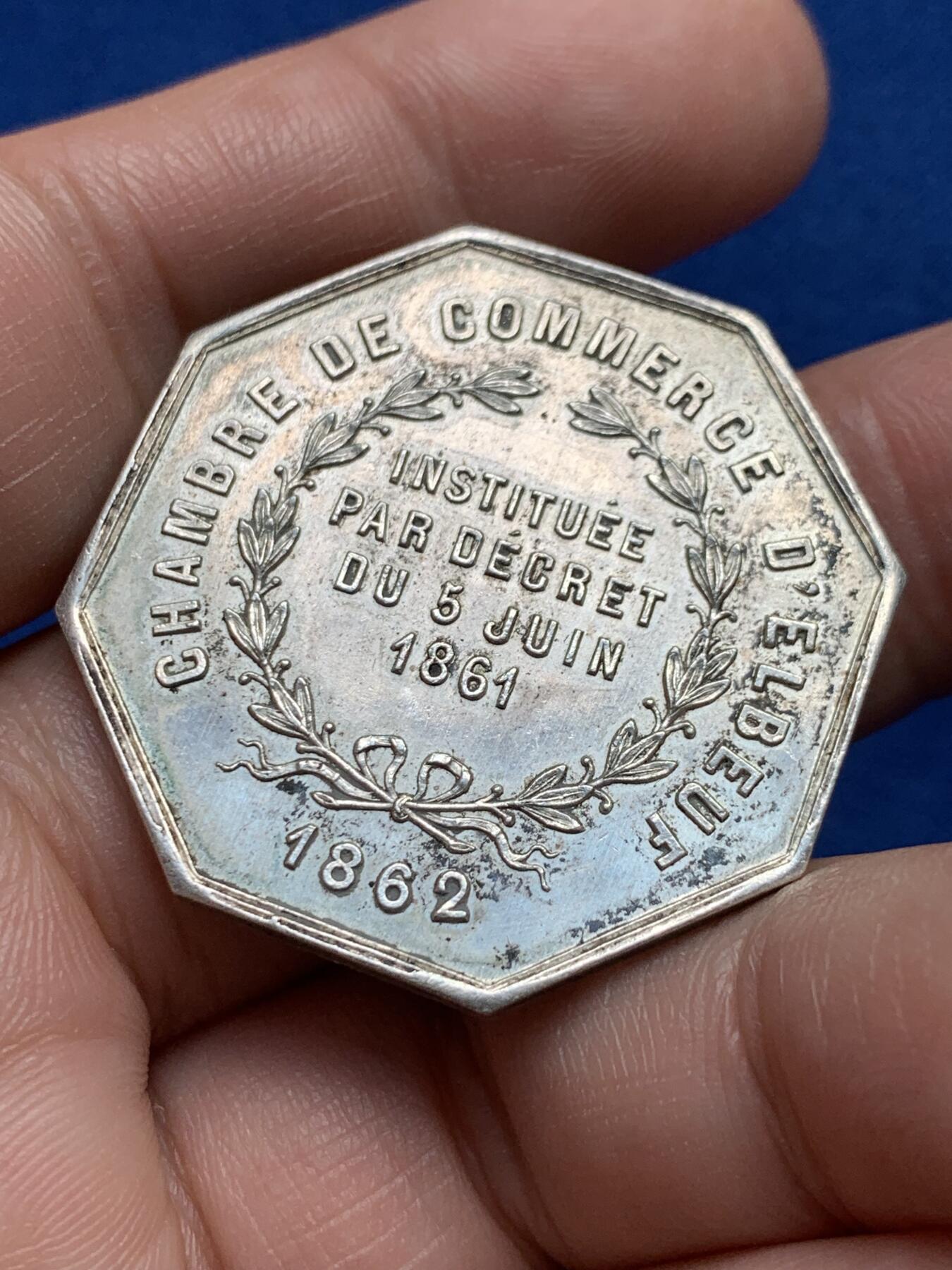 《竞宝斋》第440场 周日，周一，周二 3场连拍 （全场包邮） 法国八角银质代币，埃尔伯夫商会，21.50g，36.2mm，丰饶角1argent边铭