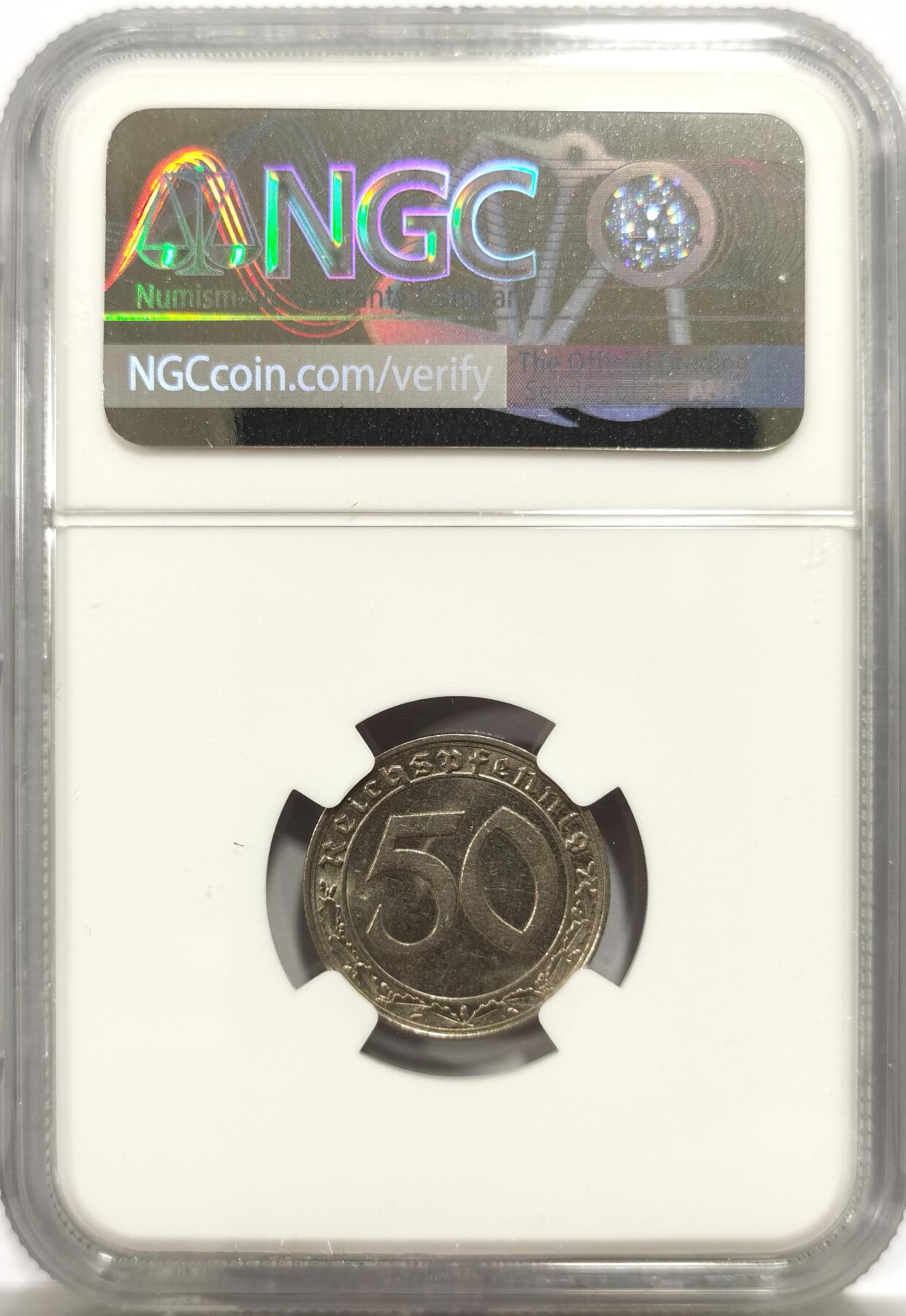 博洋堂世界钱币拍卖第147期（全场包邮） NGC MS62 德国第三帝国1939年F版50芬尼镍币，传说中的回炉坦克币