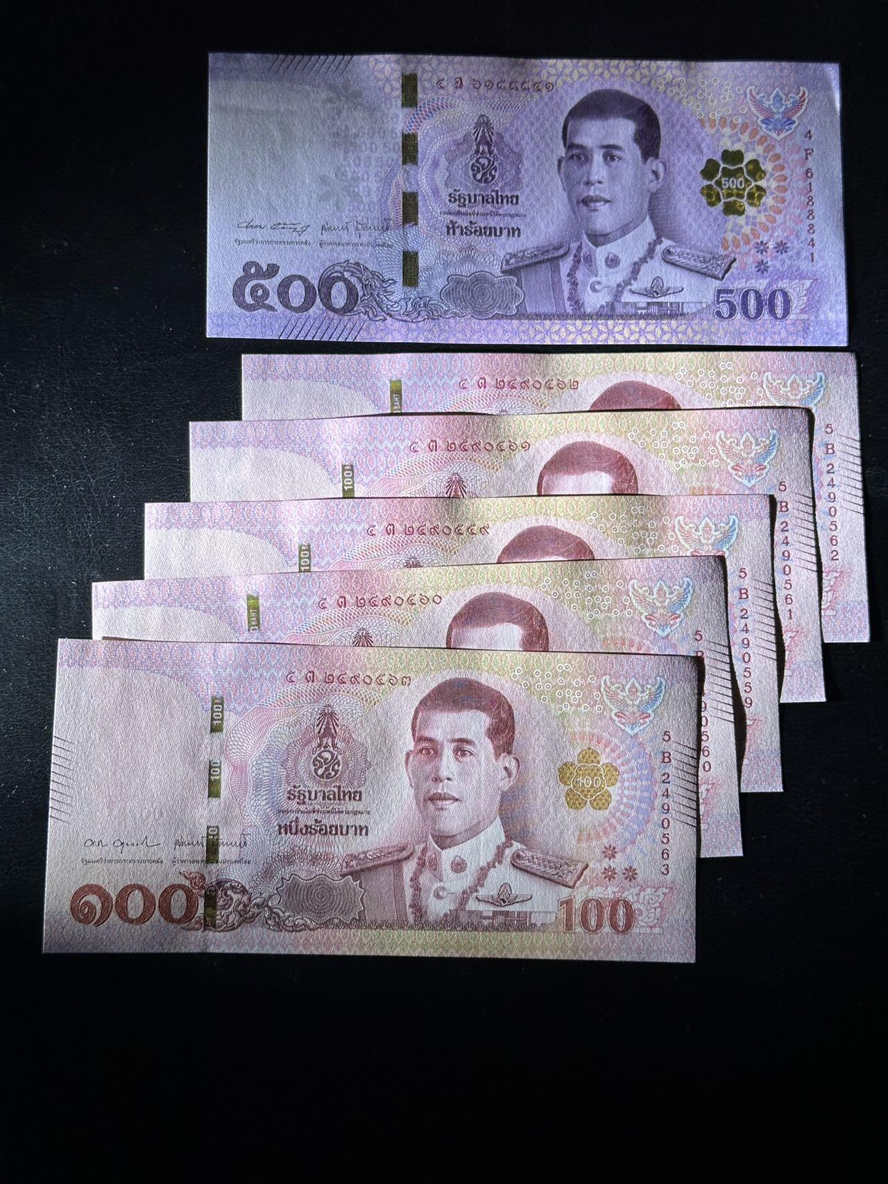 九十场（大更新） 泰国最新版本100，5连号，500，共6张，品相unc-。荧光漂亮！