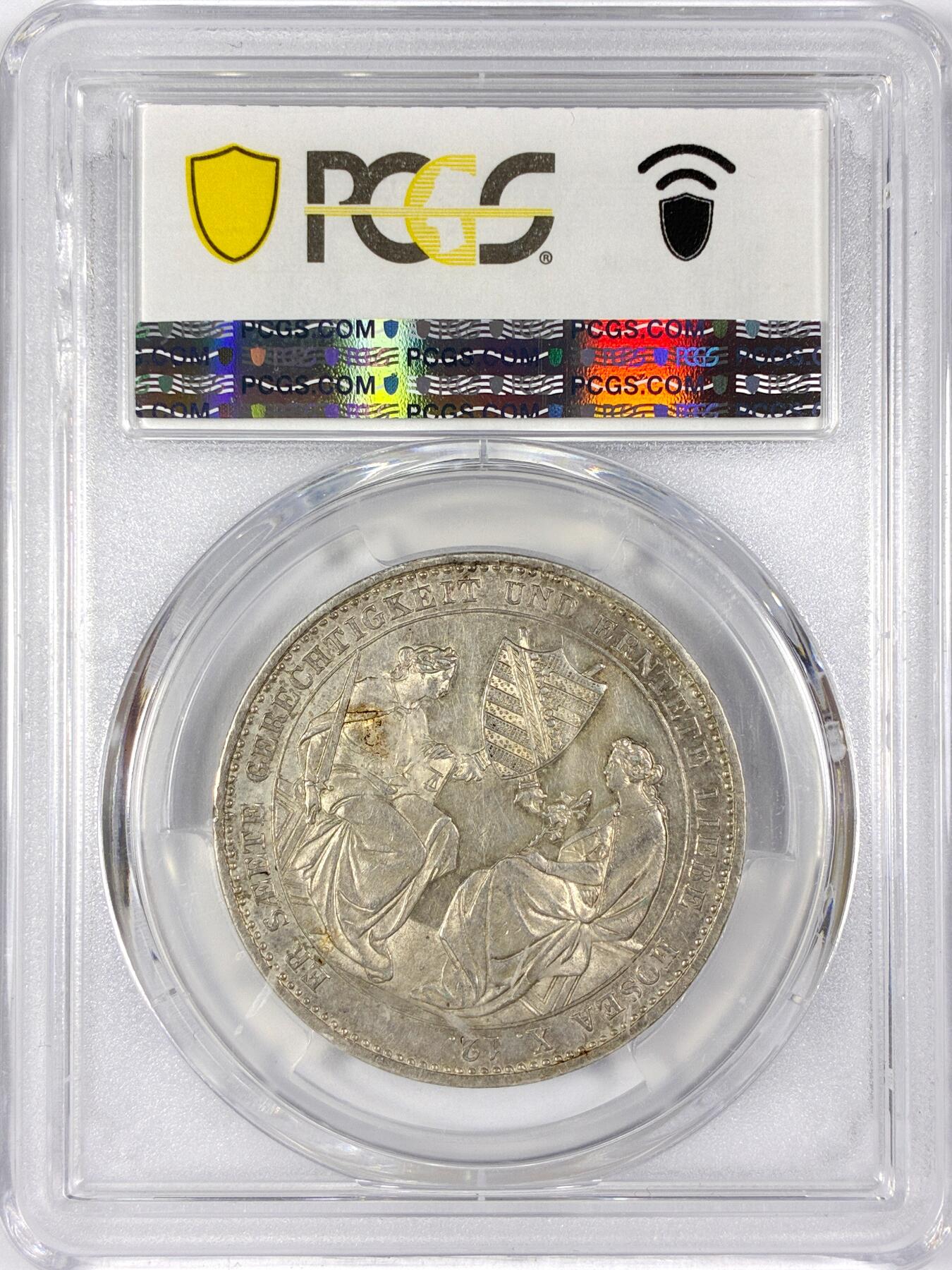 【雨安】【世界币章116期-评级币专场】2025-11-22 周六 19:30 保真【直播拍卖】 [评级德国] Germany 德国 德意志 萨克森 1泰勒 1854年 弗里德里希·奥古斯特二世  PCGS-AU58