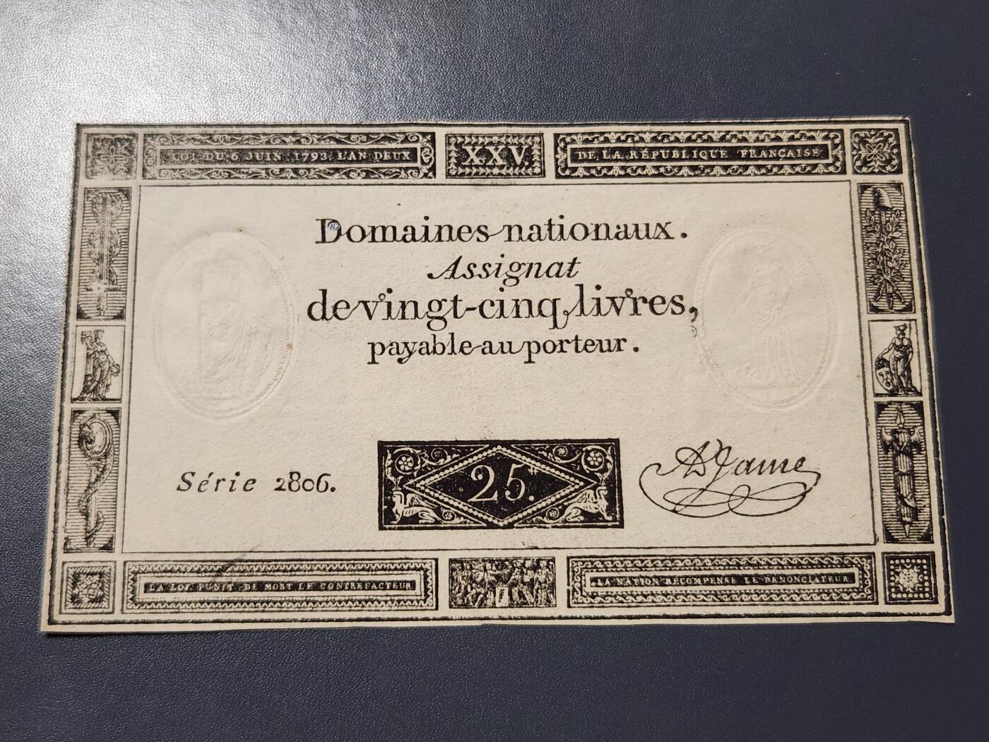 11月19号晚上8点 外国纸币自动截拍第61场 法国大革命时期 1793年 指券 (Assignat) 25里弗 纸币