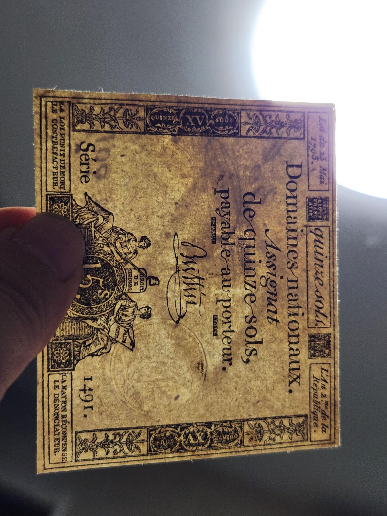 11月19号晚上8点 外国纸币自动截拍第61场 法国大革命时期 1793年 指券 (Assignat) 15苏 纸币