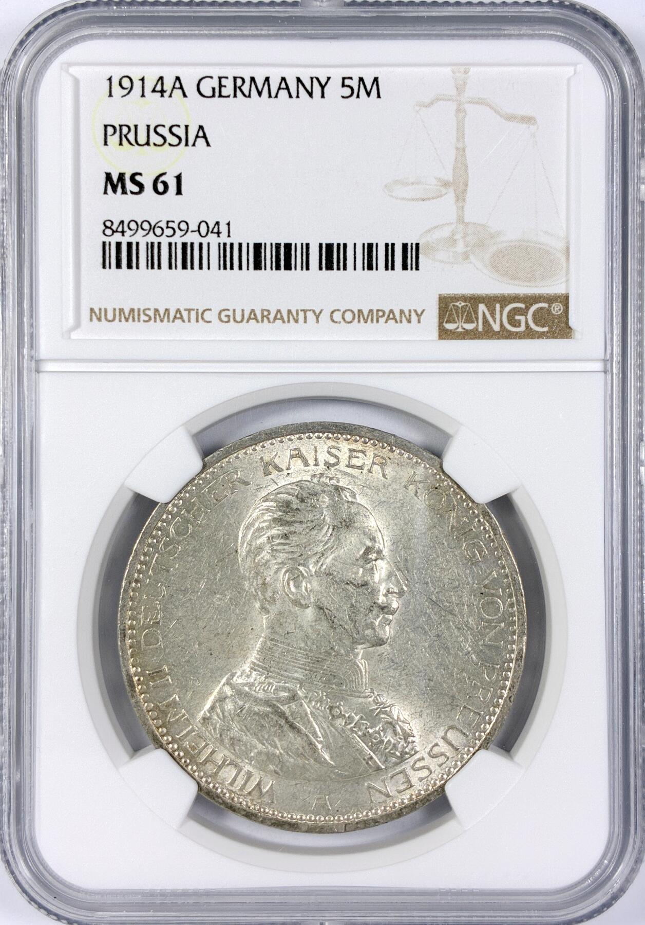 【雨安】【世界币章116期-评级币专场】2025-11-22 周六 19:30 保真【直播拍卖】 [评级德国] Germany 德国 帝国 J.114 普鲁士 5马克 (1913-1914) 军装 1914年  NGC-MS61