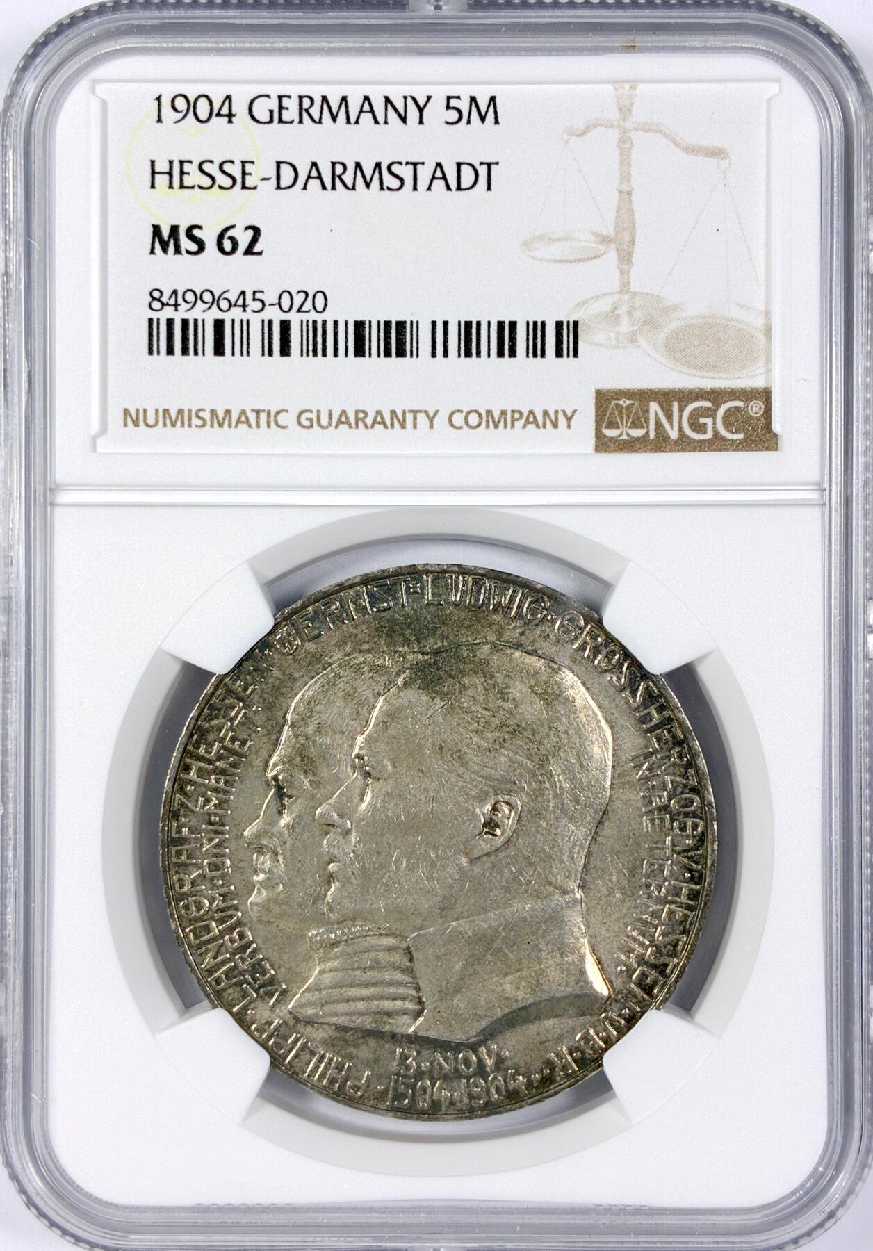 【雨安】【世界币章116期-评级币专场】2025-11-22 周六 19:30 保真【直播拍卖】 [评级德国] Germany 德国 帝国 J.075 黑森-达姆施塔特 5马克 (1904) 腓力一世400周年 1904年  NGC-MS62