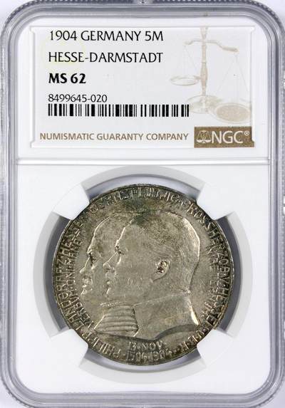 【雨安】【世界币章116期-评级币专场】2025-11-22 周六 19:30 保真【直播拍卖】 - [评级德国] Germany 德国 帝国 J.075 黑森-达姆施塔特 5马克 (1904) 腓力一世400周年 1904年  NGC-MS62