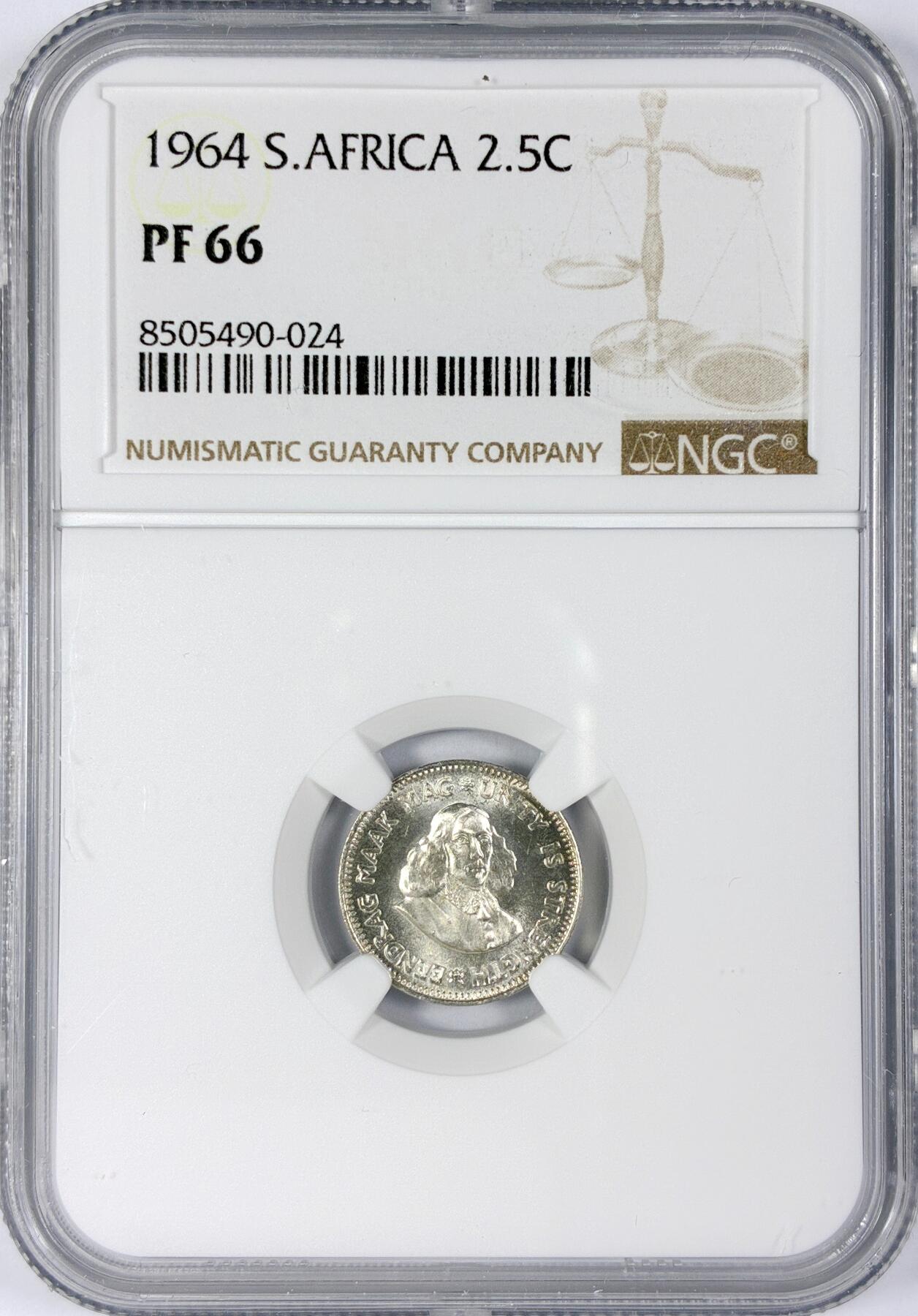 【雨安】【世界币章116期-评级币专场】2025-11-22 周六 19:30 保真【直播拍卖】 [评级非洲] South Africa 南非 2.5分 1964年 NGC-PF66