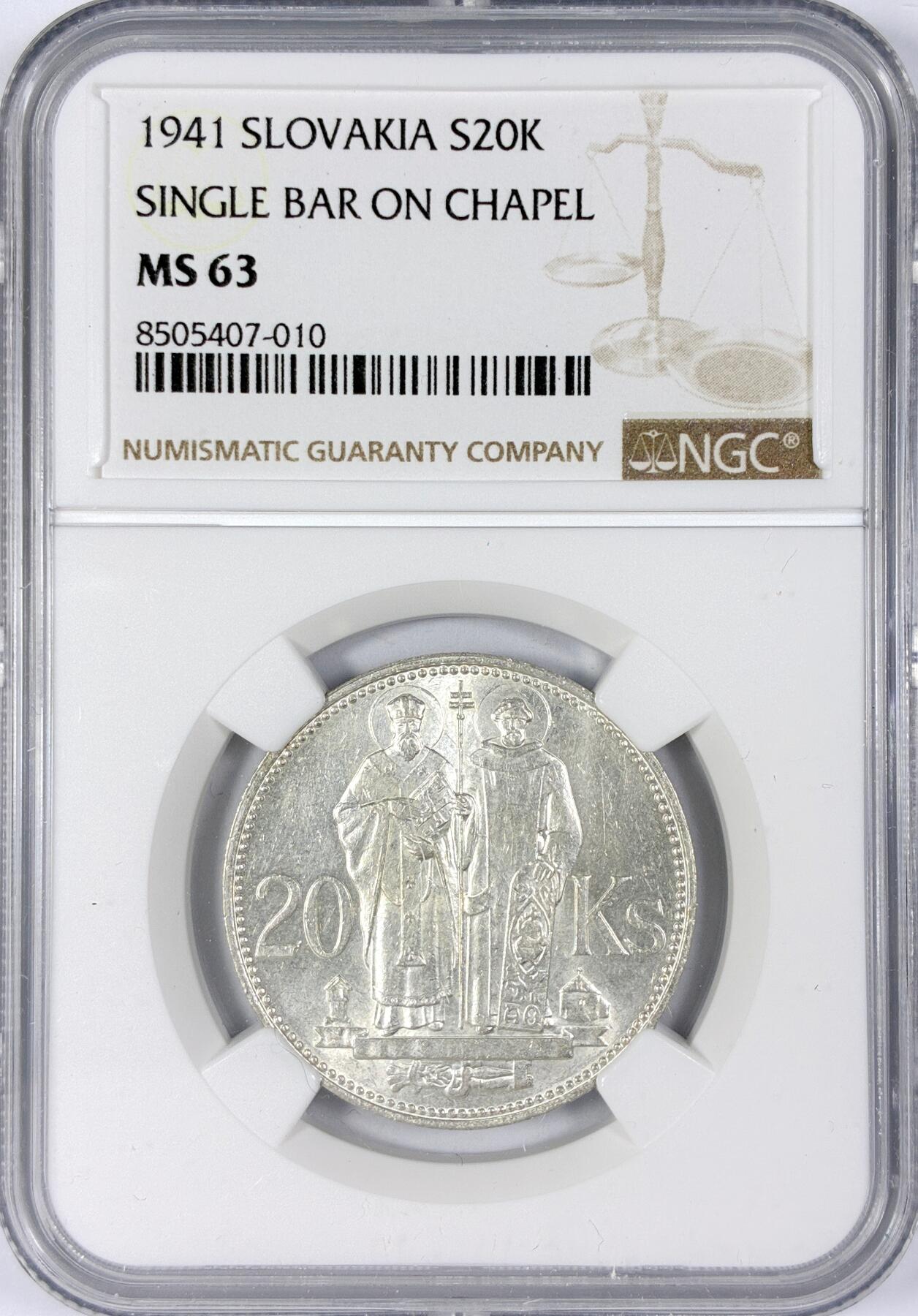 【雨安】【世界币章116期-评级币专场】2025-11-22 周六 19:30 保真【直播拍卖】 [评级欧洲] Slovakia 斯洛伐克 20克朗 1941年  NGC-MS63