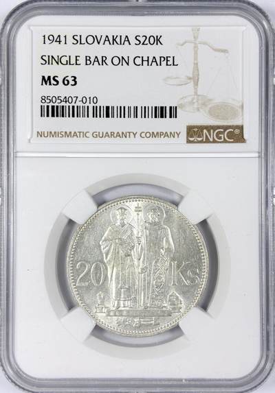 【雨安】【世界币章116期-评级币专场】2025-11-22 周六 19:30 保真【直播拍卖】 - [评级欧洲] Slovakia 斯洛伐克 20克朗 1941年  NGC-MS63