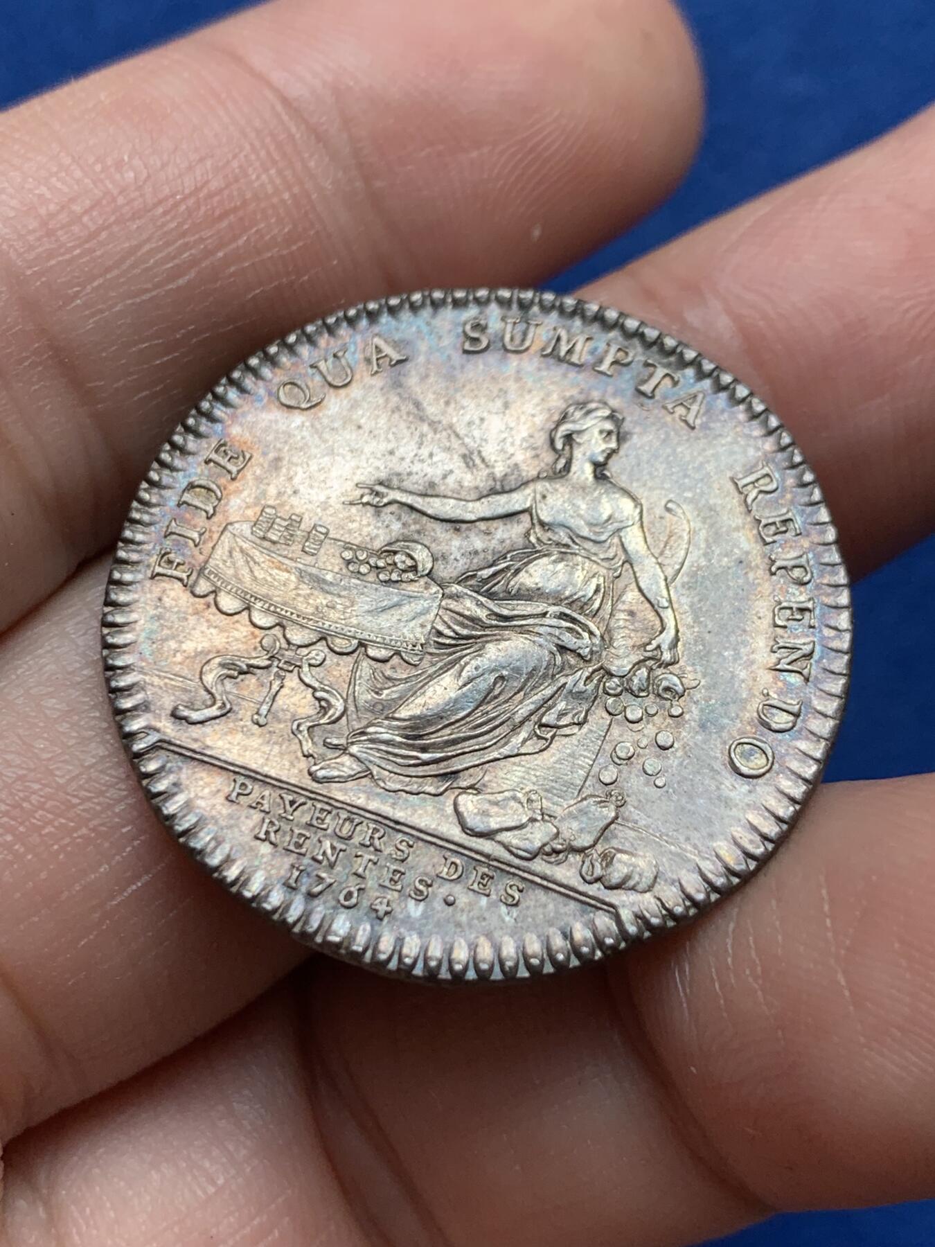 《竞宝斋》第440场 周日，周一，周二 3场连拍 （全场包邮） 法国路易十六头像年金支付银质JETON，8.7g，30.5mm