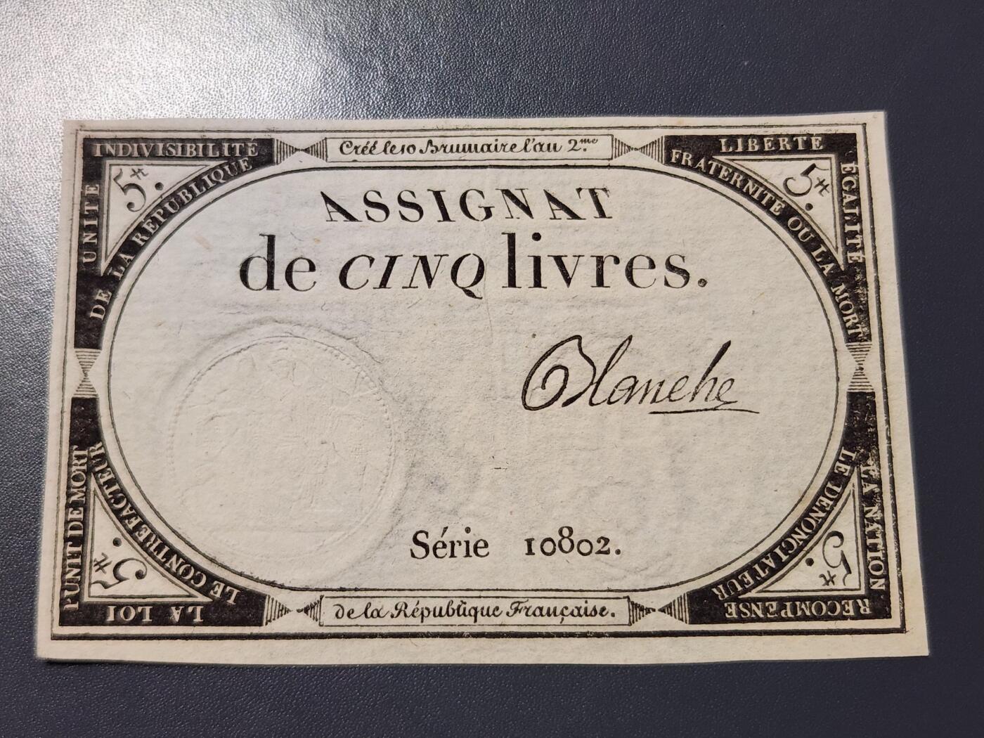 11月19号晚上8点 外国纸币自动截拍第61场 法国大革命时期 1793年 指券 (Assignat) 5里弗 纸币