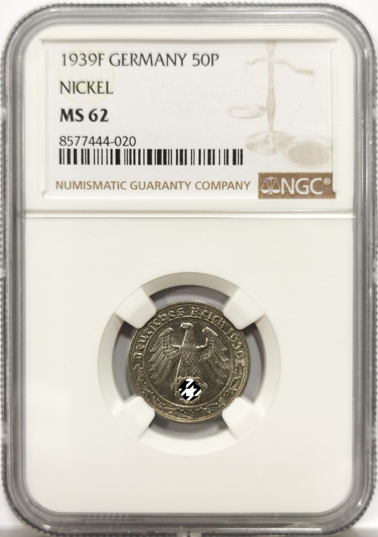 博洋堂世界钱币拍卖第147期（全场包邮） NGC MS62 德国第三帝国1939年F版50芬尼镍币，传说中的回炉坦克币