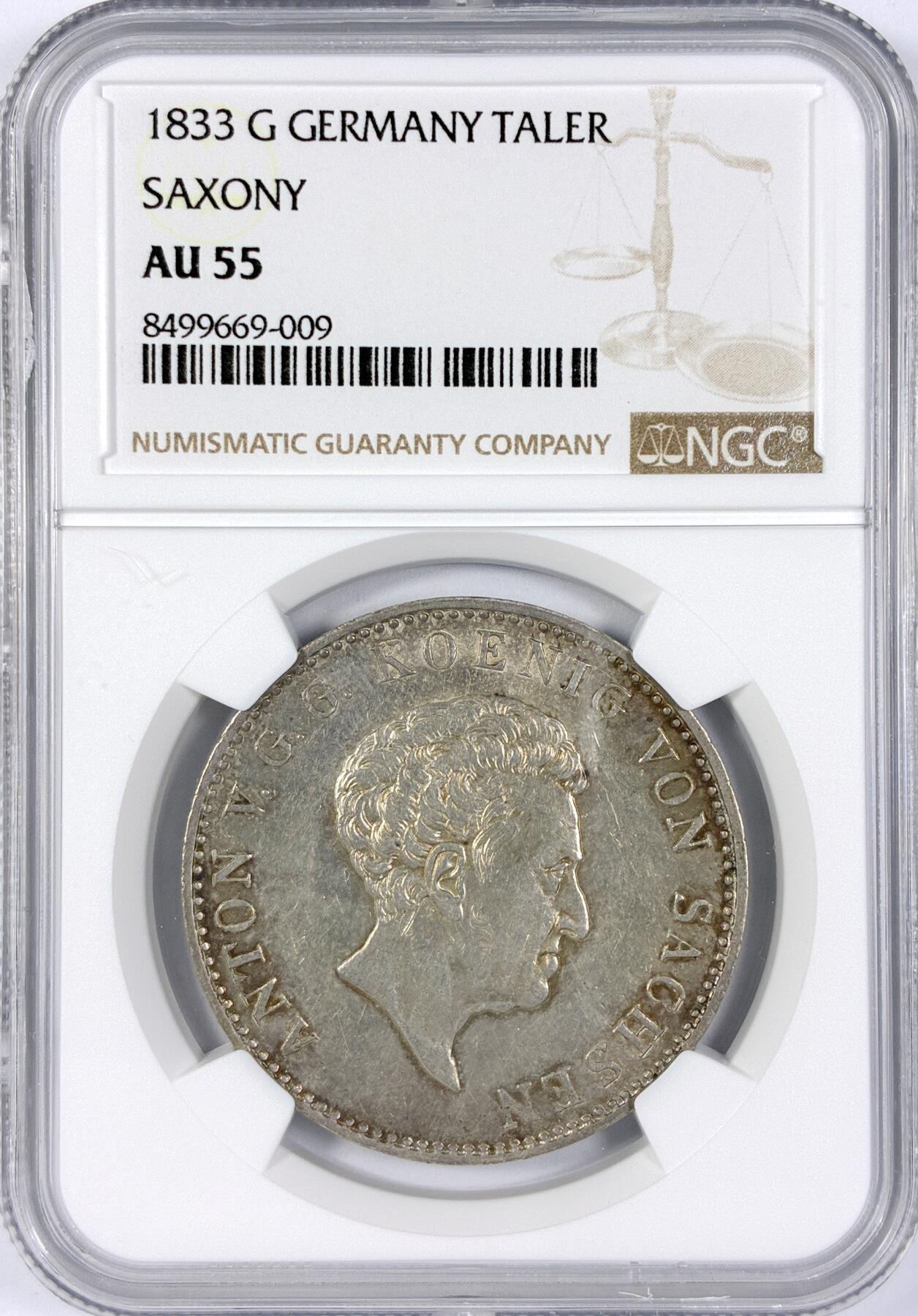 【雨安】【世界币章116期-评级币专场】2025-11-22 周六 19:30 保真【直播拍卖】 [评级德国] Germany 德国 德意志 1泰勒 Saxony萨克森 Thun.309 (1829-1836) 安东 1833年  NGC-AU55