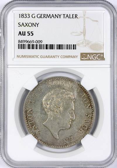 【雨安】【世界币章116期-评级币专场】2025-11-22 周六 19:30 保真【直播拍卖】 - [评级德国] Germany 德国 德意志 1泰勒 Saxony萨克森 Thun.309 (1829-1836) 安东 1833年  NGC-AU55