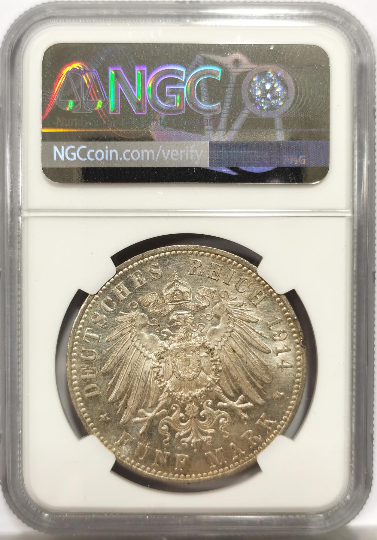 博洋堂世界钱币拍卖第147期（全场包邮） NGC MS60 德国普鲁士1914年威廉二世军装5马克银币