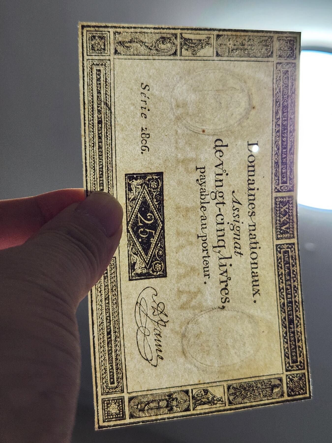 11月19号晚上8点 外国纸币自动截拍第61场 法国大革命时期 1793年 指券 (Assignat) 25里弗 纸币