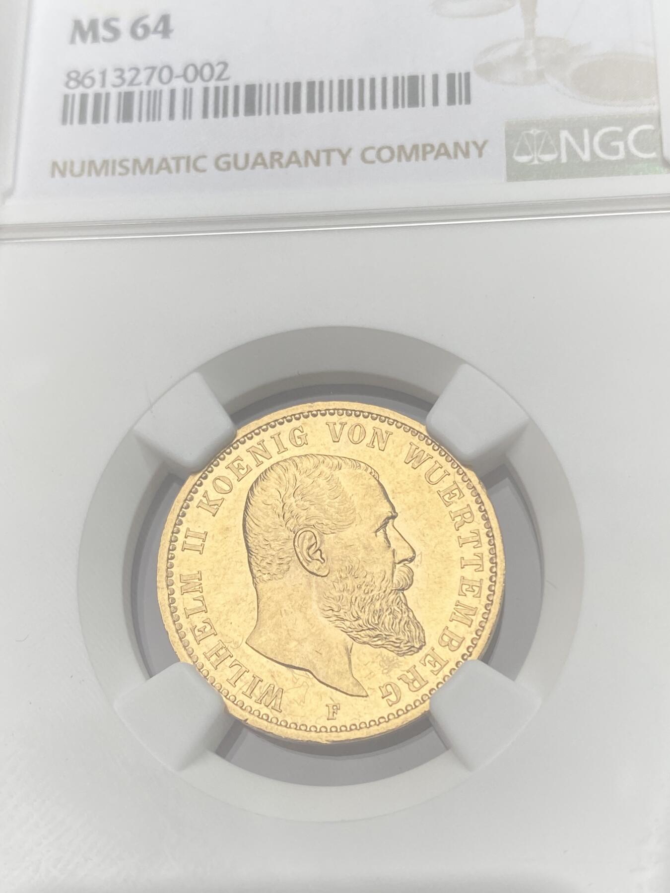 万国钱币拍卖第055期 NGC MS64 1905德国符腾堡威廉二世大胡子流通长翅20马克金币 顶级车轮金光 高分罕见品种 7.96g 900金