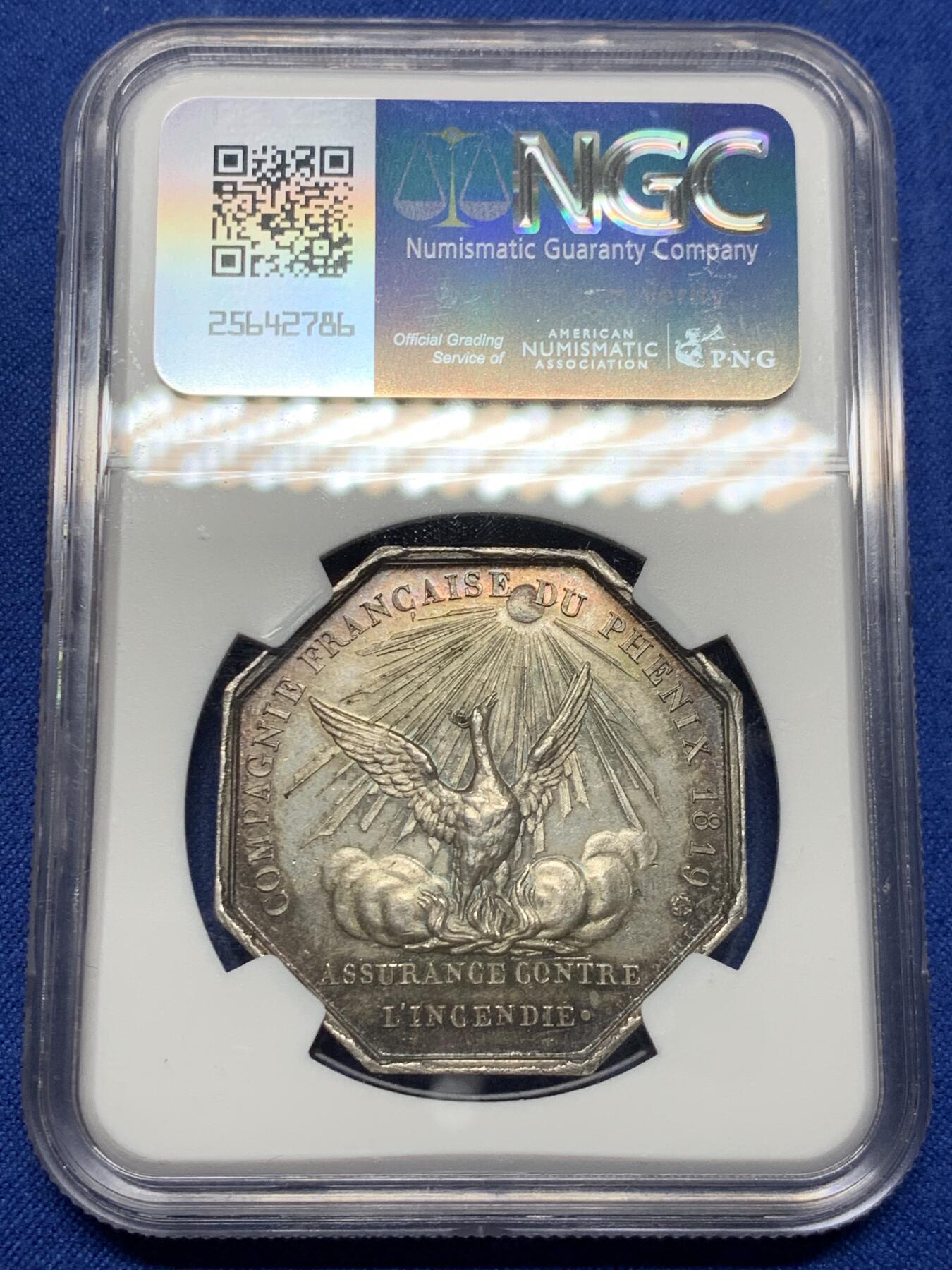 《竞宝斋》第440场 周日，周一，周二 3场连拍 （全场包邮） NGC MS63 高分 1819年福利普一世火灾保险大银章，极稀少边铭品种（边铭：锚），正面：菲利普一世皇冠图案；背面：火凤凰图案