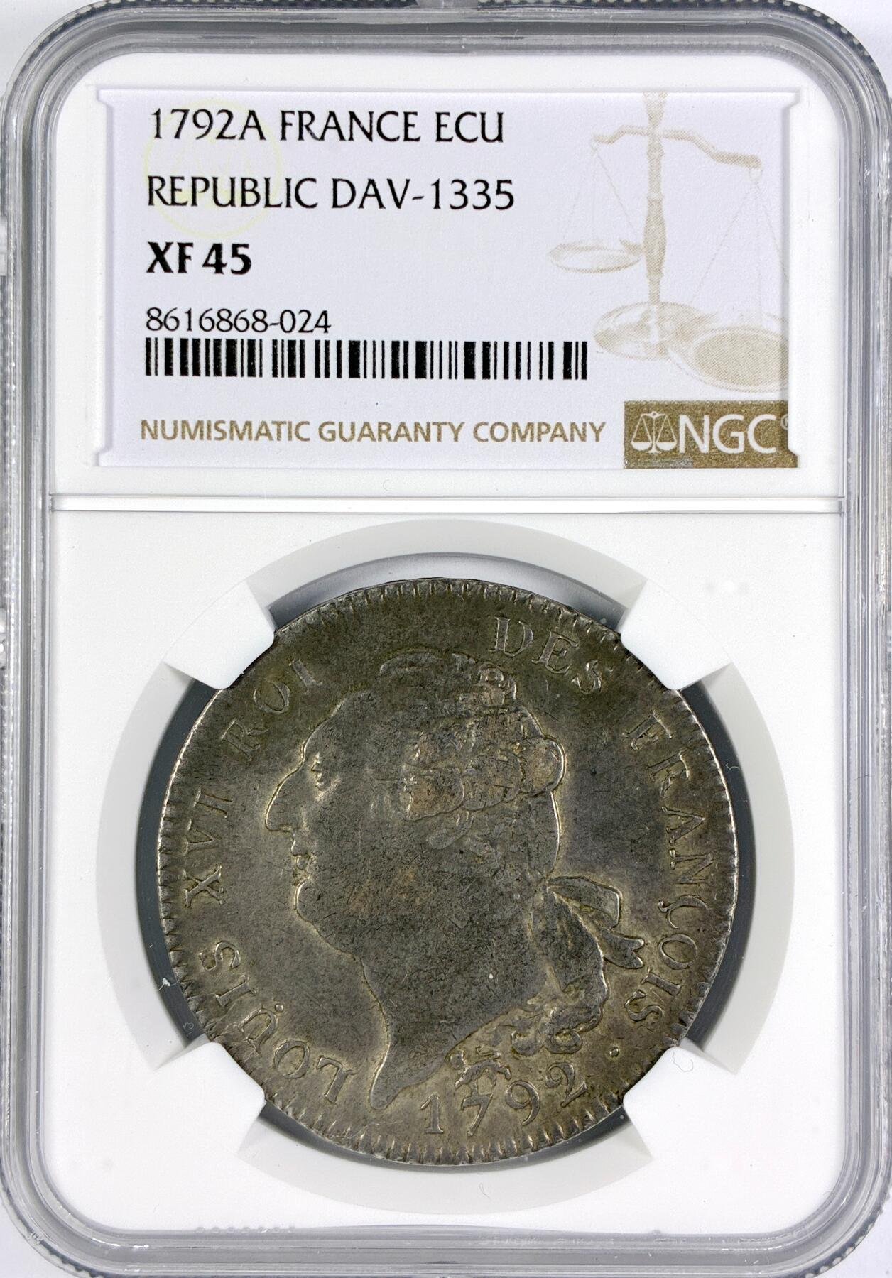 【雨安】【世界币章116期-评级币专场】2025-11-22 周六 19:30 保真【直播拍卖】 [评级法国] France 法国 1埃居 KM#0615 DAV-1335 路易十六 天使埃居 1792年  NGC-XF45