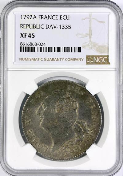 【雨安】【世界币章116期-评级币专场】2025-11-22 周六 19:30 保真【直播拍卖】 - [评级法国] France 法国 1埃居 KM#0615 DAV-1335 路易十六 天使埃居 1792年  NGC-XF45